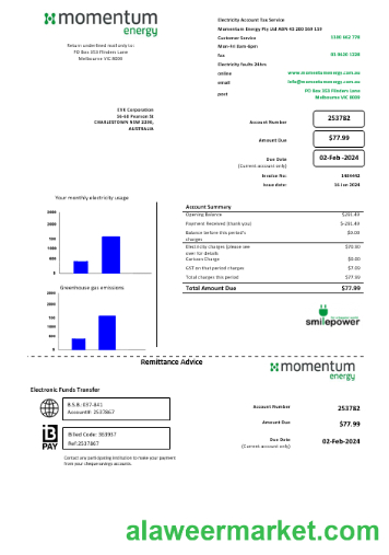 Australia Momentum Energy business utility bill template in Word and PDF format